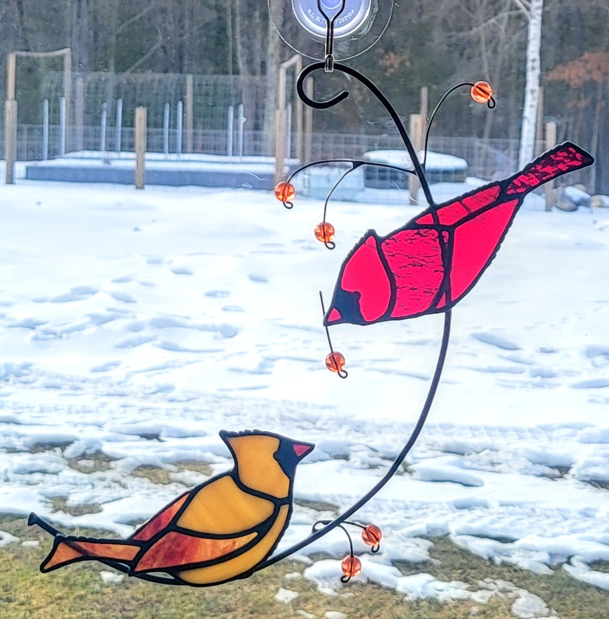 Stained-Glass Suncatcher- Male and Female Cardinals on a branch