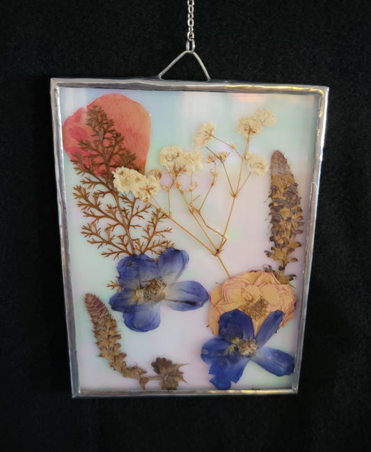 Dried Flowers Pressed Between Opal and Clear Stained-Glass