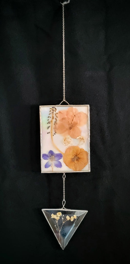 Dried Flowers Pressed Within a Rectangle, Opal Glass Panel and Reversed Clear Triangle Bevel