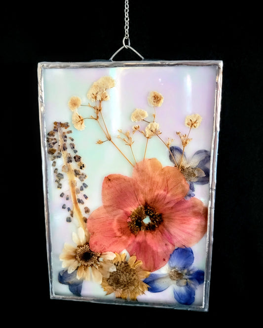 Dried Flowers Pressed within an Opal Stained-Glass Background Panel