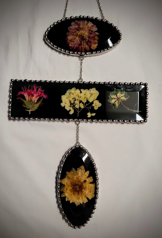 Dried Flowers Pressed within a Three Tier, Stained Glass Beveled Art