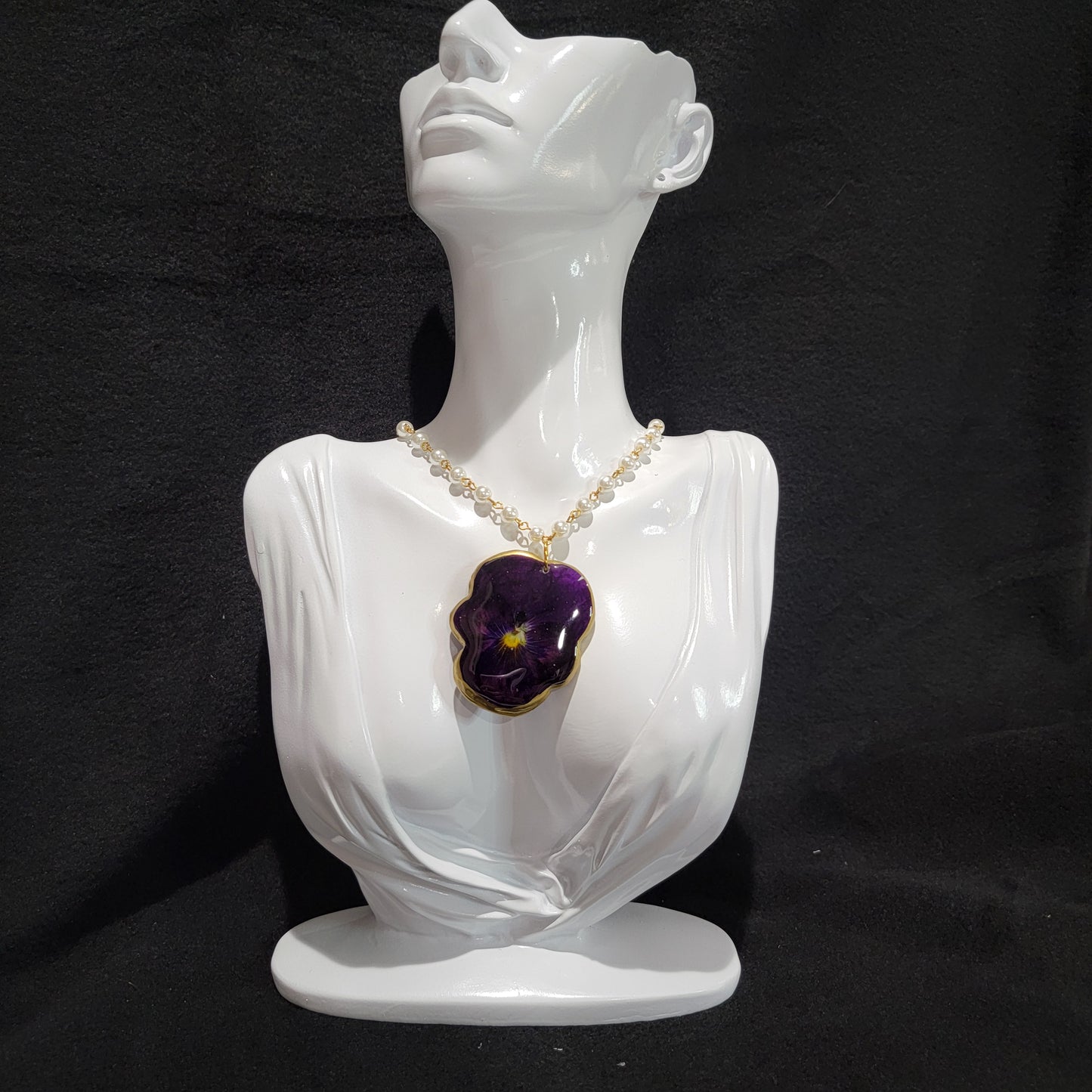 Resin Jewelry Set- Necklace with a Purple Pansy Flower and Bracelet