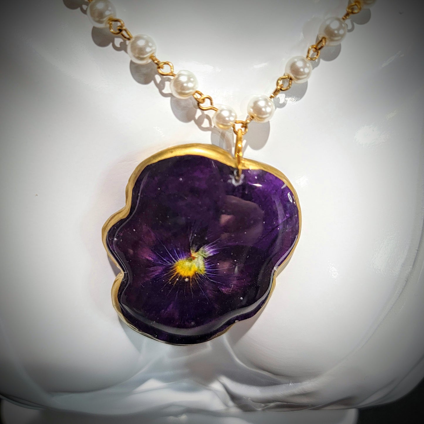 Resin Jewelry Set- Necklace with a Purple Pansy Flower and Bracelet