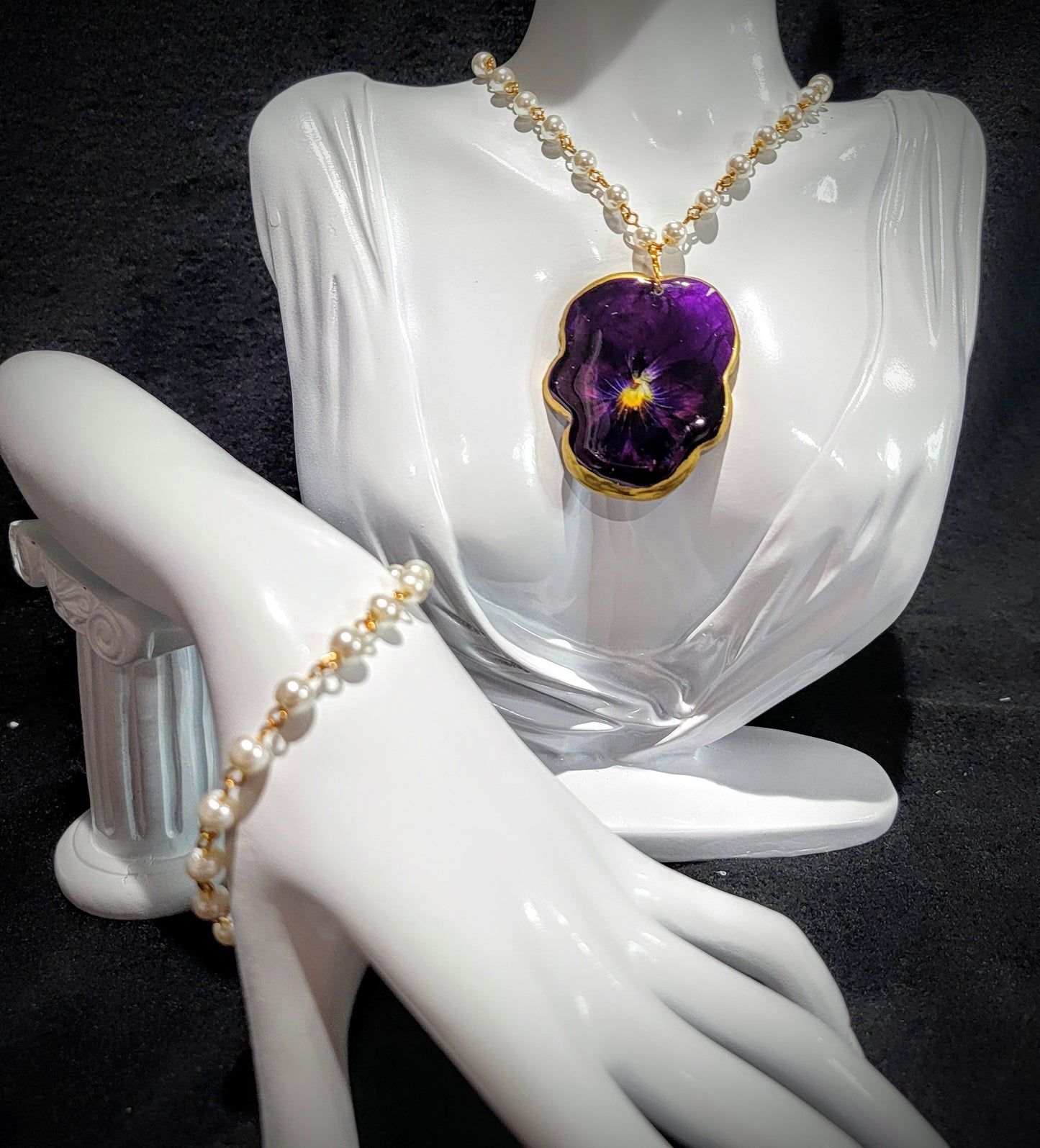 Resin Jewelry Set- Necklace with a Purple Pansy Flower and Bracelet