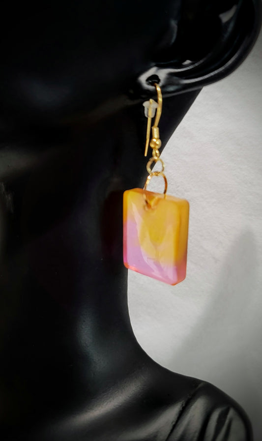 Resin Jewelry- Pink and Orange Rectangle Earrings