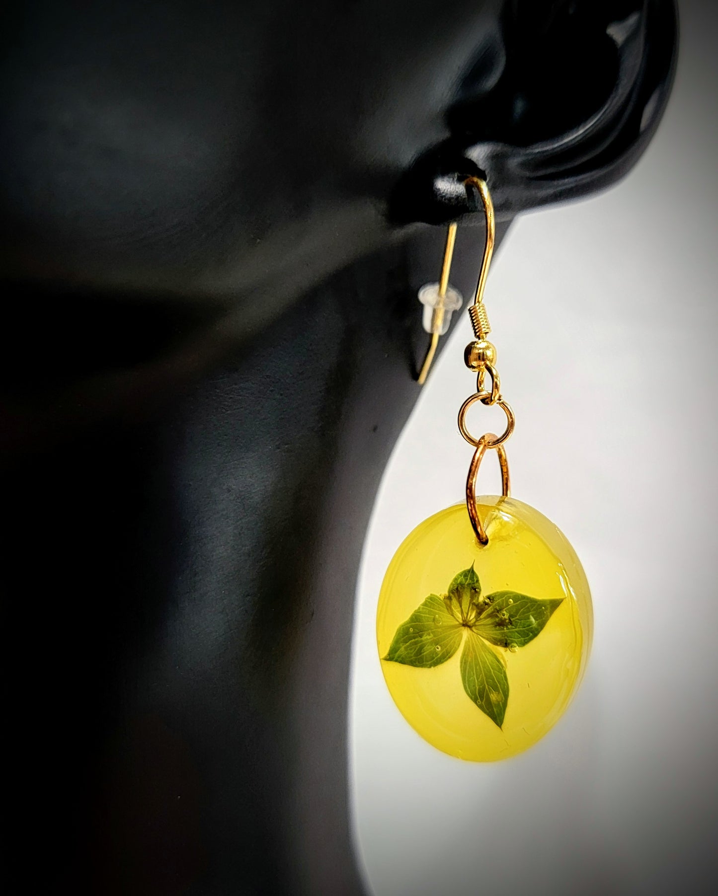 Resin Jewelry- Oval Yellow Earrings with Dried Green Leaves