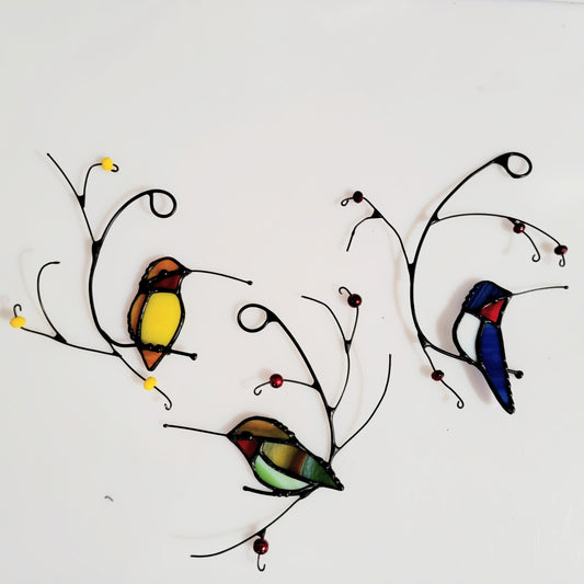 Stained-Glass Single Hummingbird Purched on Branch