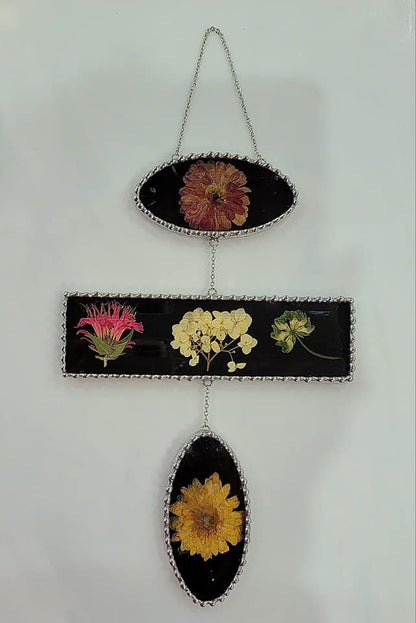 Dried Flowers Pressed within a Three Tier, Stained Glass Beveled Art