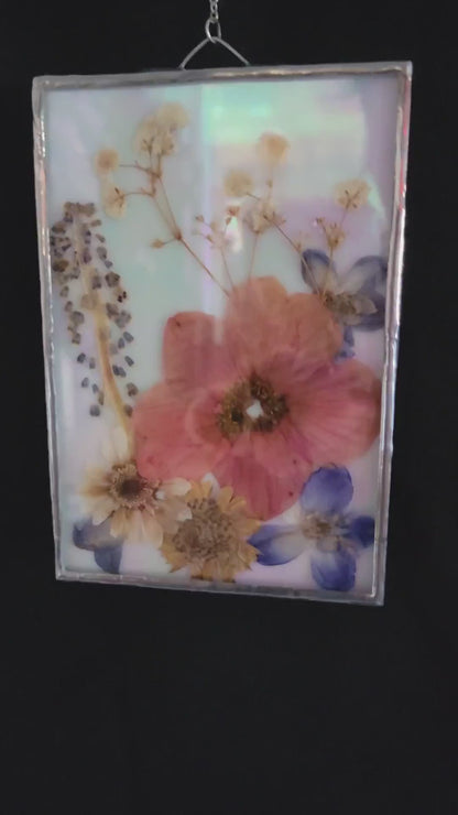 Dried Flowers Pressed within an Opal Stained-Glass Background Panel