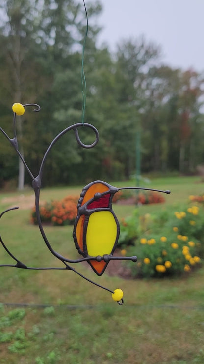 Stained-Glass Single Hummingbird Purched on Branch