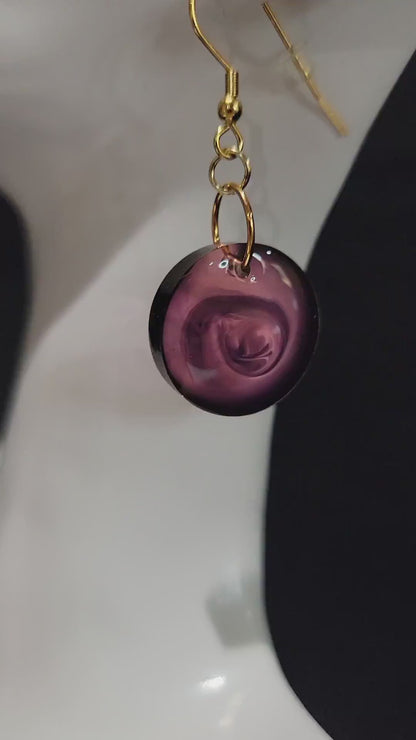 Resin Jewelry- Round Purple Swirl Earrings