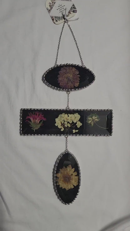 Dried Flowers Pressed within a Three Tier, Stained Glass Beveled Art